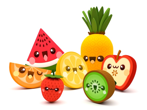 Premium Photo | Cute and happy fruits kawaii 3d cartoon characters on a ...