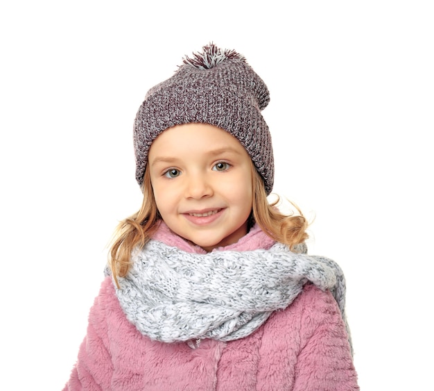 Premium Photo | Cute little girl in warm clothes on white background