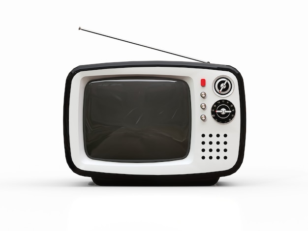白い背景の上のアンテナとかわいい古い黒いテレビ 3dイラスト プレミアム写真
