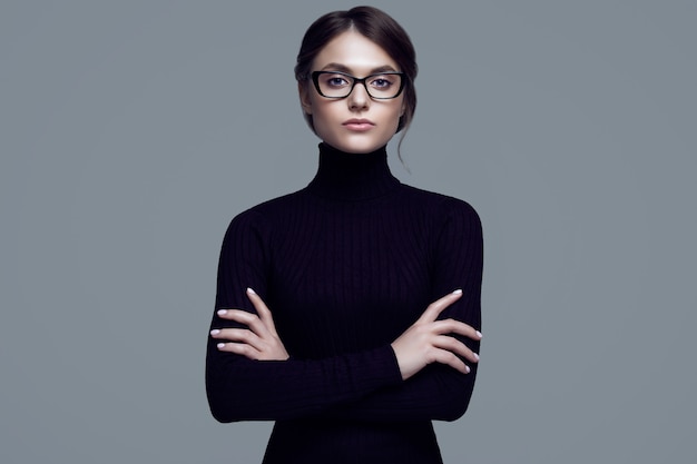Premium Photo Cute Student Girl Wearing Black Turtleneck Sweater And Stylish Eyeglasses