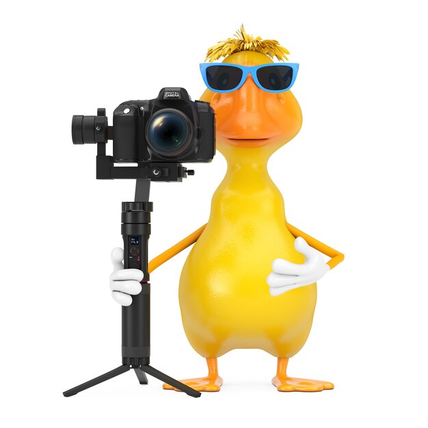 흰색 배경에 Dslr 또는 비디오 카메라 짐벌 안정화 삼각대 시스템이 있는 귀여운 노란색 만화 오리 사람 캐릭터 마스코트 3d 렌더링 프리미엄 사진 4444