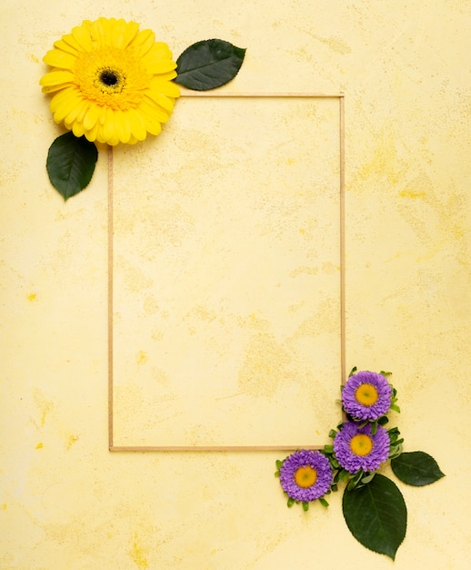 かわいい黄色のデイジーと小さな紫の花のフレーム 無料の写真