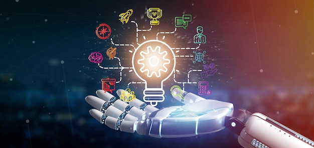 Cyborg hand holding a bulb lamp idea concept with start up icon connected 3d rendering Premium Photo