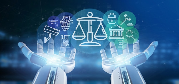 Cyborg hand holding cloud of justice and law icon bubble with data 3d rendering Premium Photo