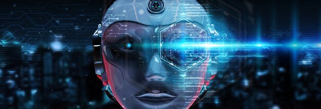 Cyborg head using artificial intelligence to create digital interface 3d rendering Premium Photo