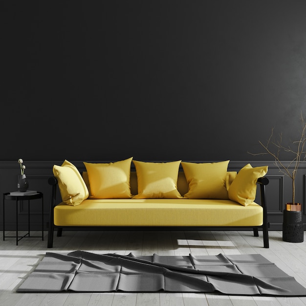 Premium Photo Dark Living Room Interior With Yellow Sofa Mock Up Luxury Modern Living Room Interior Black Wall Scandinavian Style 3d Rendering