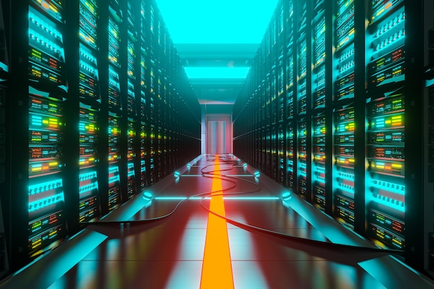Data center with server racks in a corridor room. 3d render of digital data and cloud technology Free Photo