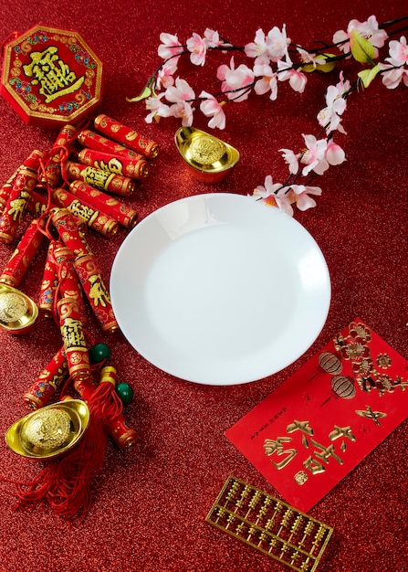 Decorate chinese new year festival on red | Premium Photo