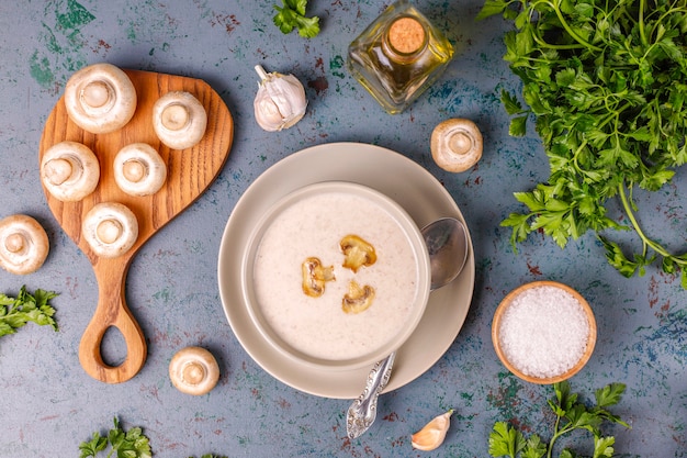 Delicious homemade mushroom cream soup, top view Free Photo