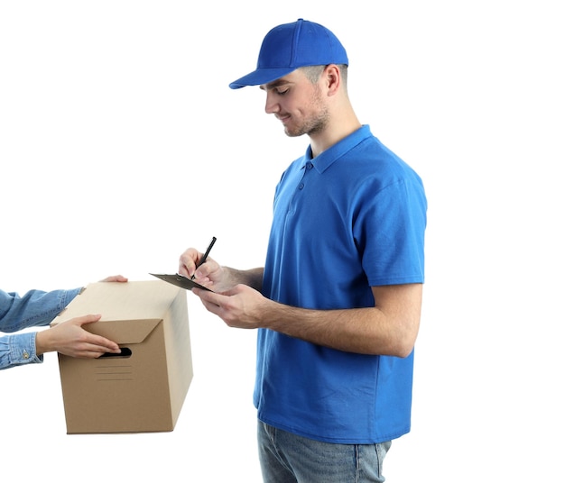 premium-photo-delivery-man-makes-a-note-on-clipboard-isolated-on-white