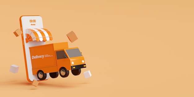  Delivery service on mobile application transportation delivery by truck 3d rendering