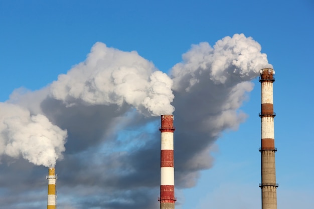 Dense clouds of smoke or vapor out of the three factory chimneys on background of blue sky. the concept of ecology, pollution of the environment. Premium Photo