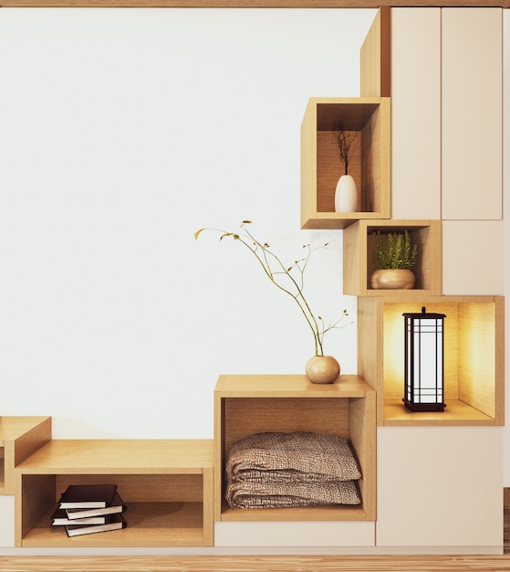 Design cabinet shelf wooden japanese style on empty room minimal .3d rendering Premium Photo