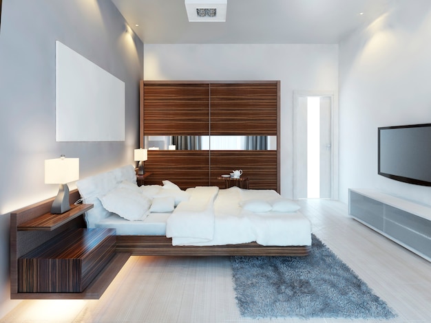 Premium Photo The Design Of Modern Light Bedroom With A Large Sliding Closet The Idea Of Brown Furniture In A White Bedroom A Luxurious Solution 3d Render