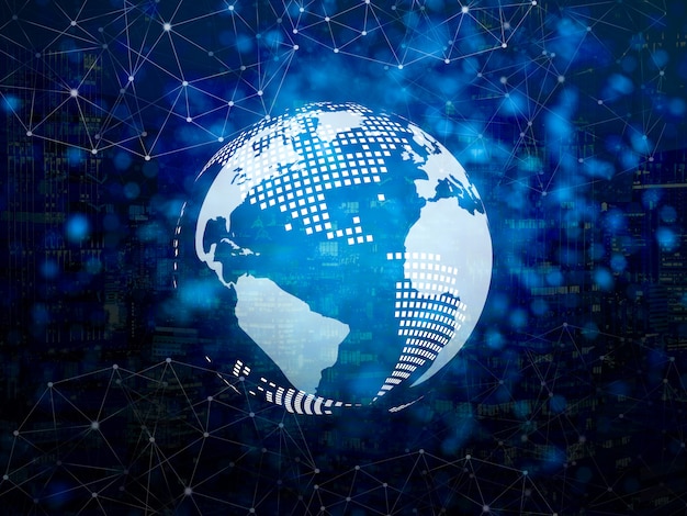 Digital globe with lines and dots connection icons. wireless network connection symbol. Premium Photo