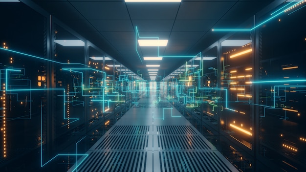 Digital information travels through fiber optic cables through the network and data servers behind glass panels in the server room of the data center. Premium Photo