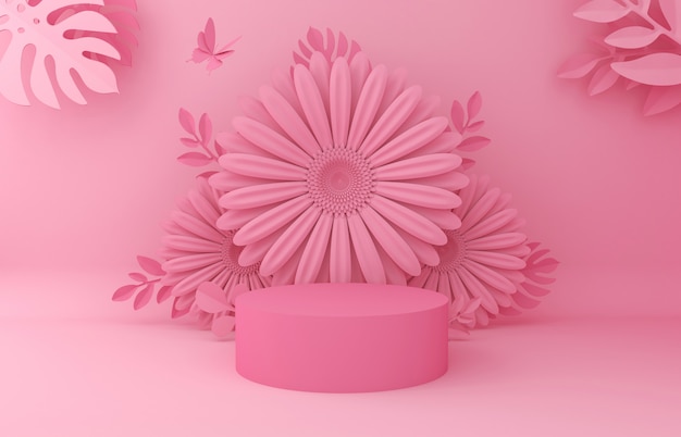 Display background for cosmetic product presentation. empty showcase,  3d flower paper illustration 