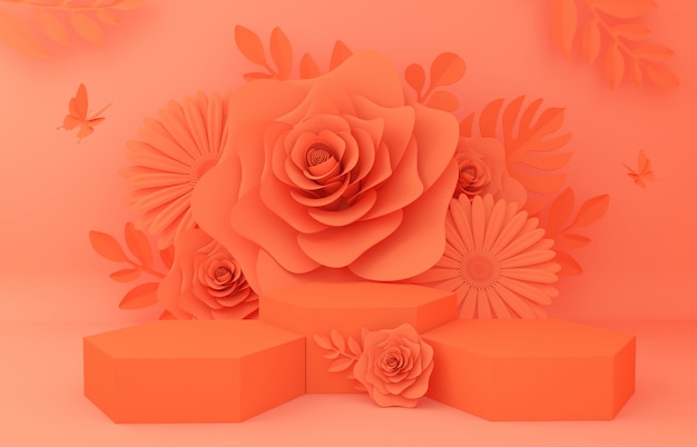 Display background for cosmetic product presentation. empty showcase,  3d flower paper illustration 