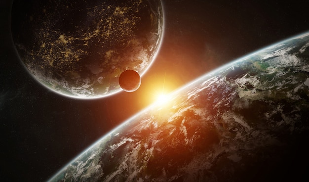 Distant planet system in space with exoplanets 3d rendering Premium Photo