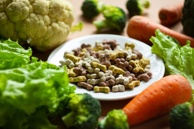 Dog vegetarian dry crunchies on plate and fresh vegetables Premium Photo