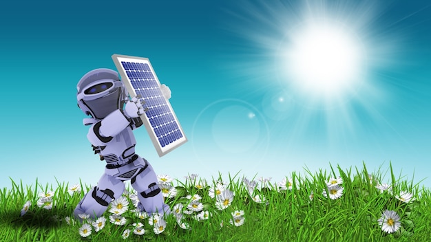 Doll stoping the sun with solar panel Free Photo