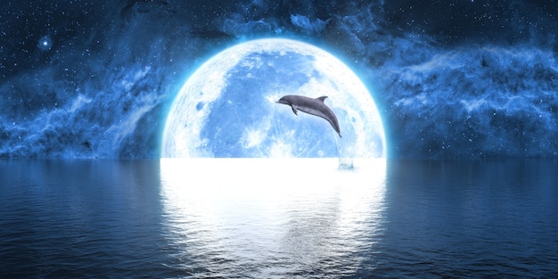 大きな月を背景に水から飛び出すイルカ 3dイラスト プレミアム写真