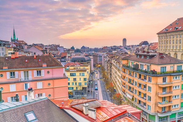 Premium Photo | Downtown lausanne city skyline in switzerland at sunset