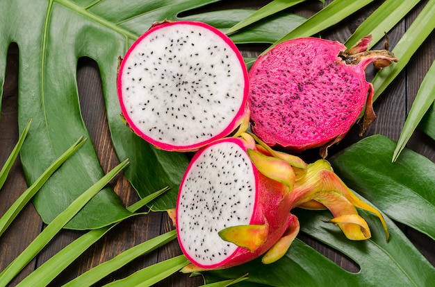 Premium Photo | Dragon fruit on the leaves of palm and monster.