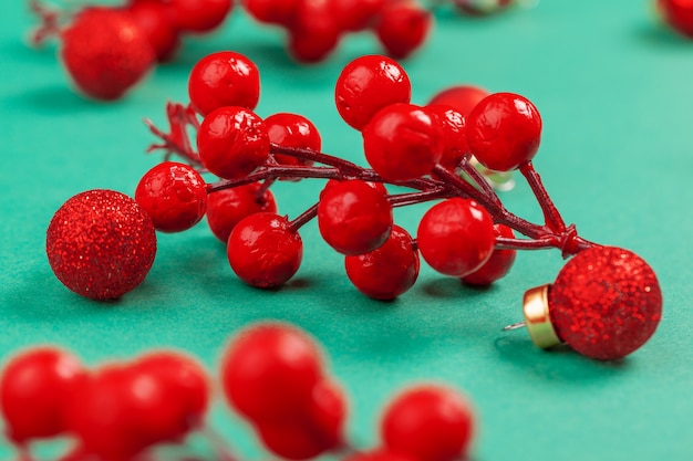 Dried Cranberry Decoration On Green Background For Christmas Photo