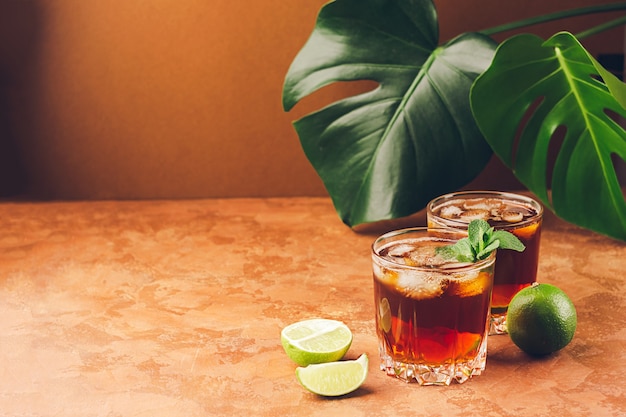 Download Premium Photo A Drink Of Rum Or Cola Ice Cubes And Juicy Lime In Glass Goblets Against A Of Tropical Green Leaves