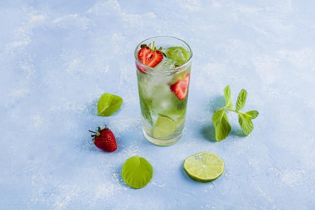 Drink With Strawberry Lime And Mint Summer Lemonades Mojito Cocktails Premium Photo