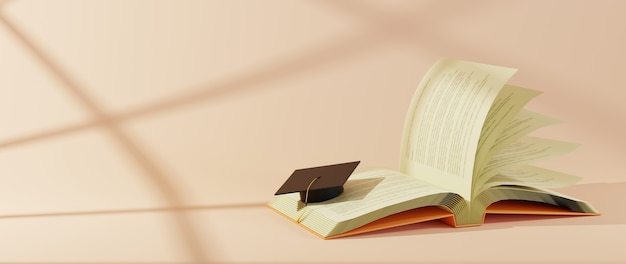 premium photo education concept 3d rendering of book and a graduate hat on orange background