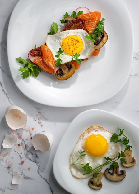 Premium Photo | Egg sandwiches and fried eggs for healthy breakfast on ...