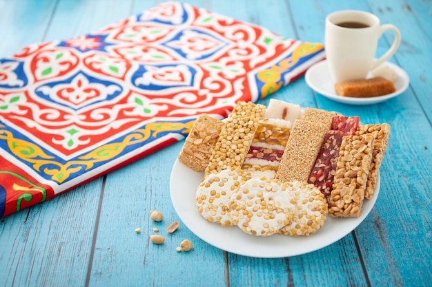 Egyptian prophet muhammad birthday celebration breakfast  desserts Premium Photo