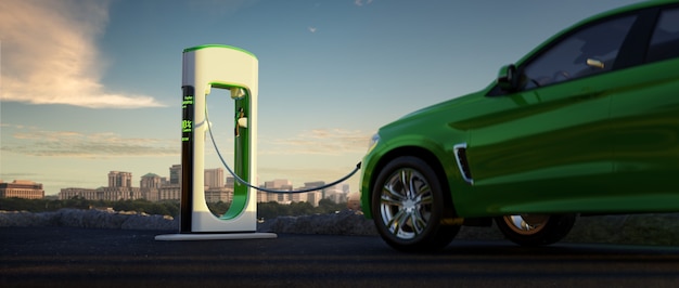 Premium Photo | Electric car and ev charger city background