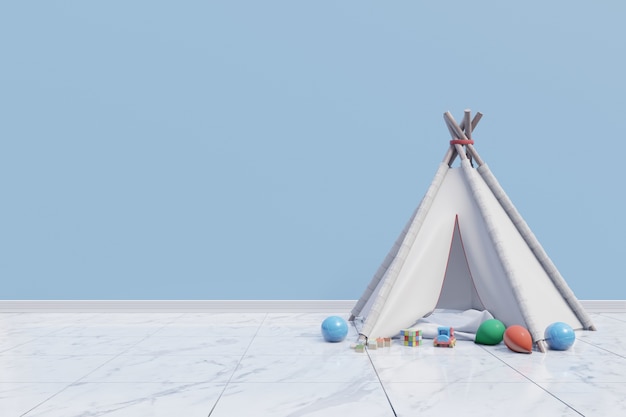 An empty children room playroom with tent and toy on blue ...