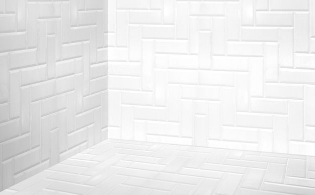 Empty corner white modern tile wall and floor perspective room Premium Photo