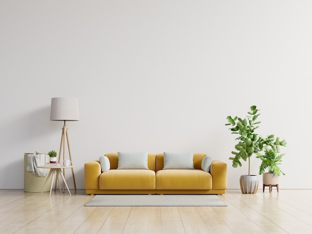 Empty Living Room With Yellow Sofa Plants And Table On Empty White