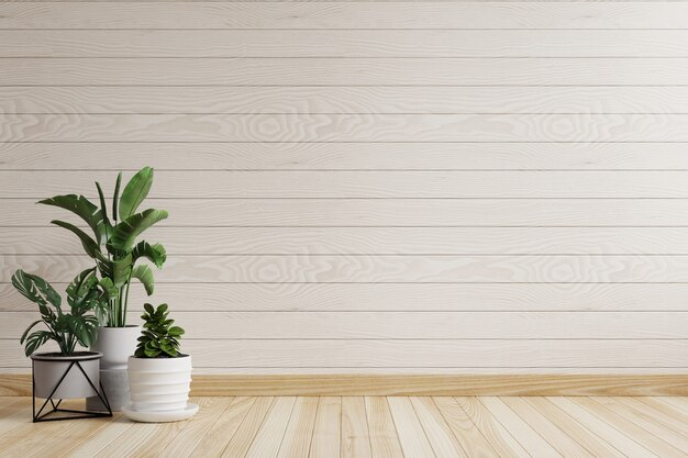 Premium Photo | Empty room with white wooden wall and plants