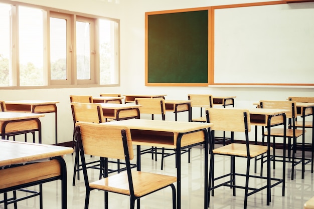 Empty School Classroom With Desks Chair Wood Green Board