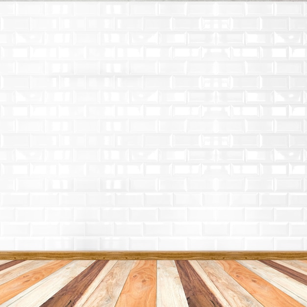 Download Premium Photo Empty White Tile Wall And Wooden Flooring Mock Up For Display Of Product