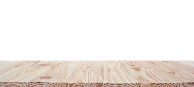 Empty wood table top isolated on white background with clipping path and copyspace for display or montage your products Premium Photo