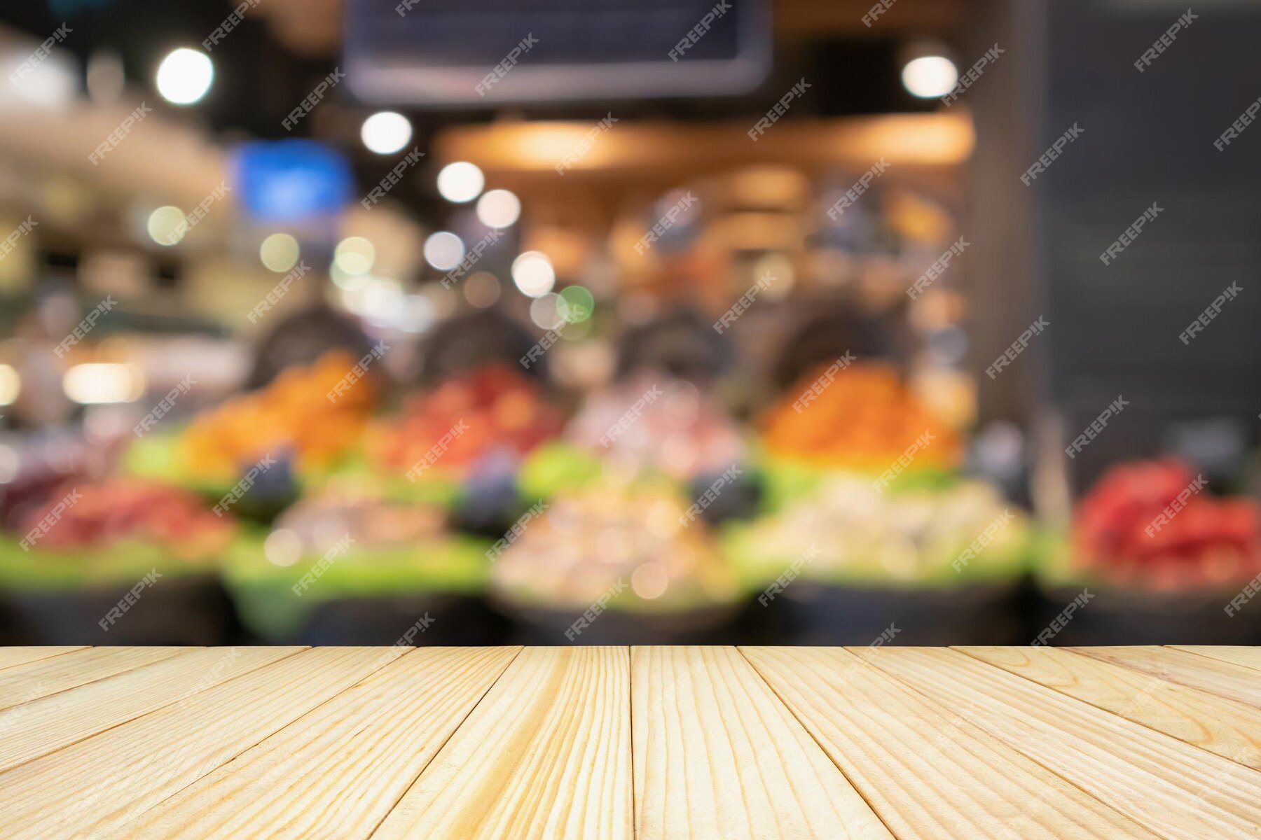 Premium Photo | Empty wood table top with fruits in display basket in