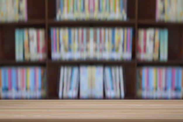 Empty Wooden Shelves Over Blurred Bookshelf Background Education