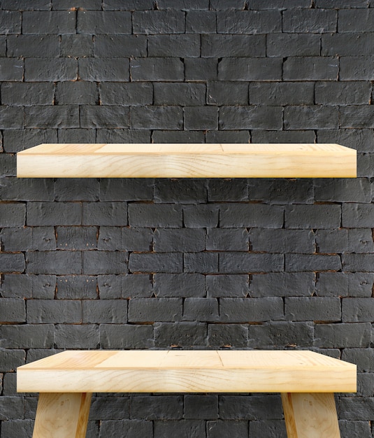 Download Empty wooden table top and shelf at black bricks wall,template mock up for display of your ...