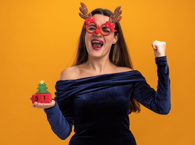 Free Photo Excited With Closed Eyes Young Beautiful Girl Wearing Blue Dress And Christmas 