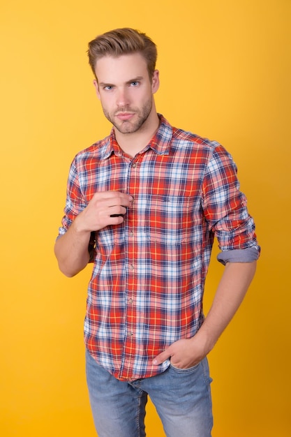 Premium Photo Express Confidence Charismatic Man Wearing Checkered Shirt Guy Standing In 2252