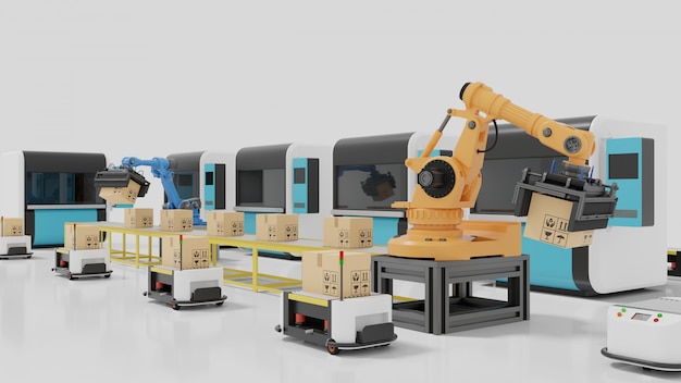 Factory automation with agvs, 3d printers and robotic arm Premium Photo