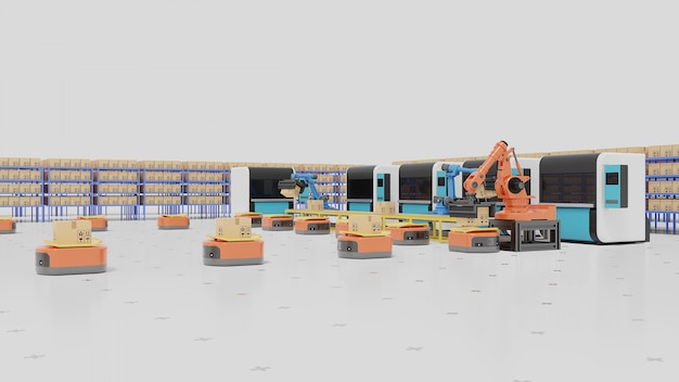 Factory automation with agvs, 3d printers and robotic arm. Premium Photo