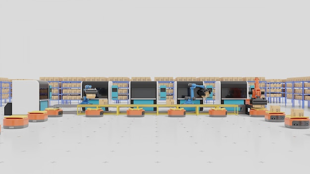 Factory automation with agvs, 3d printers and robotic arm. Premium Photo